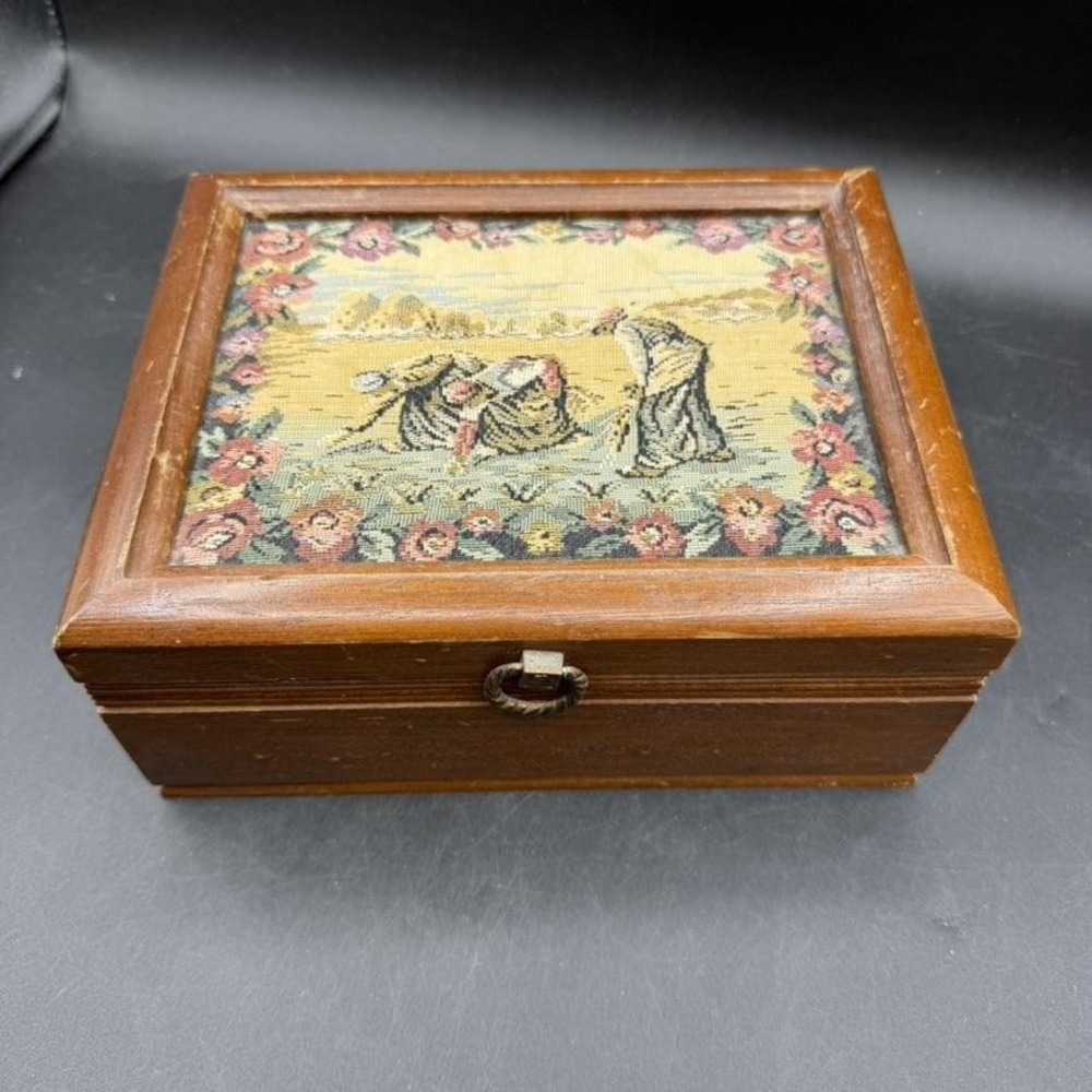 Tapestry Brown Wooden Jewelry Box Velvet Lined Mirror Rectangle Trinket Rings